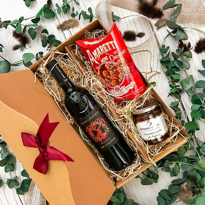 Zestaw prezentowy bezalkoholowy – Wino, ciasteczka i suszone pomidory | Winnica.pl